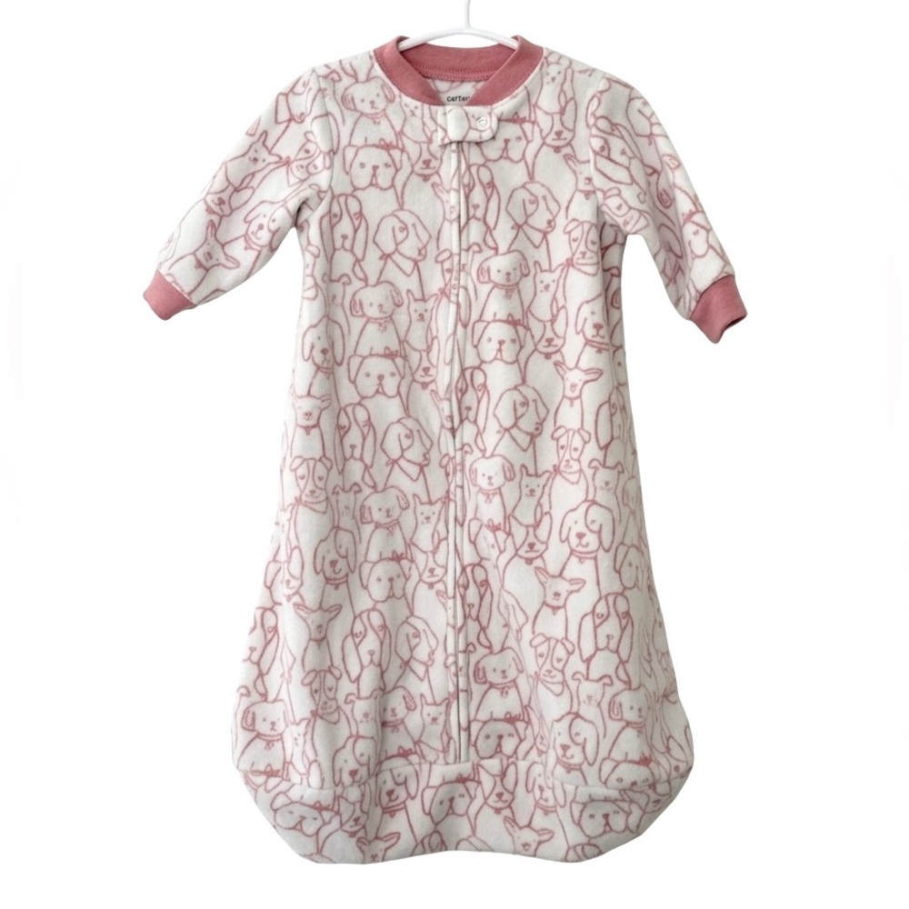 EUC Carter's Pink Dog Print Long Sleeve Fleece Sleep Sack Size Small 0-3 Months